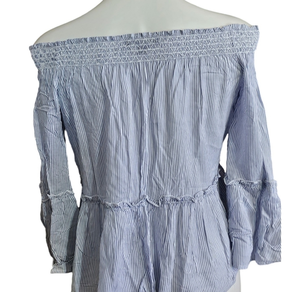 American Eagle Outfitters Striped Off the Shoulder Bell Sleeve Top Blue&White S - Picture 4 of 11